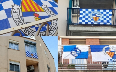 Els aficionats arlequinats ja han començat a penjar les primeres banderes als balcons | @diegosabadell