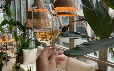 Una mà sosté una copa de vi en un local 